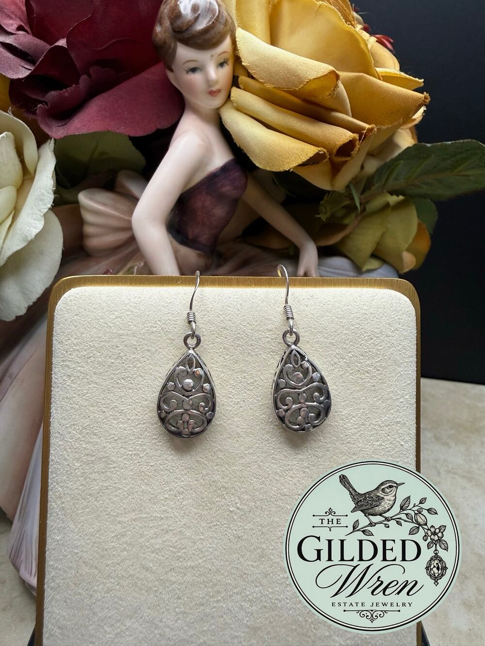 Charles Winston 925 Sterling Silver Openwork Scroll Teardrop Dangle Earrings